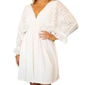 Ninexis White Cotton Eyelet Contrast Bodice with 3/4 Sleeve Size L
